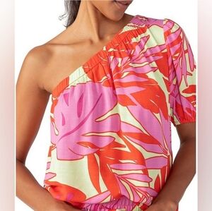 SANCTUARY One Shoulder Resort Tropical Print Woven Top S Vibrant Pink, Red NWT